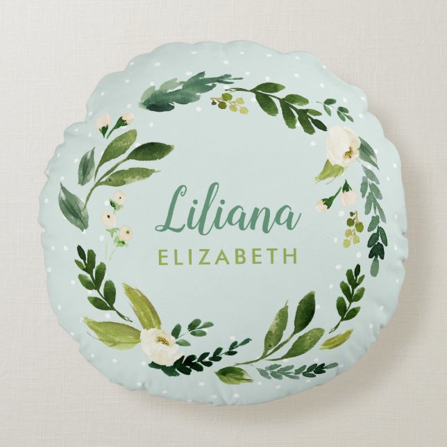 Sweet Greenery Wandey Baby Namn Monogram Rund Kudde (Framsidan)
