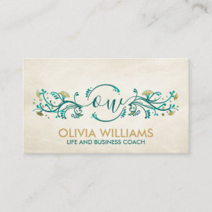 Sweet Guld och Teal Blommigt Swirl Monogram Visitkort