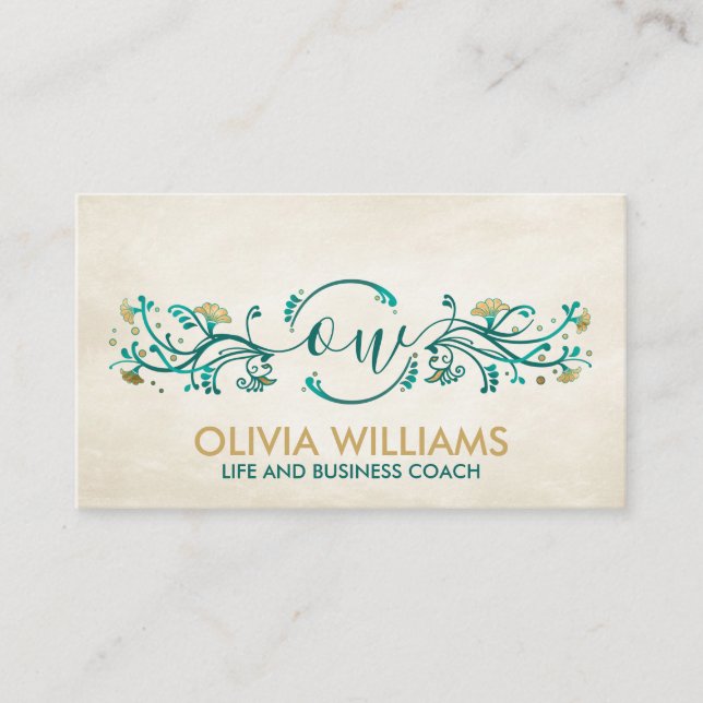 Sweet Guld och Teal Blommigt Swirl Monogram Visitkort (Framsida)