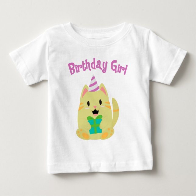 Sweet Gult Cat Birthday Girl Tee Shirt (Framsida)