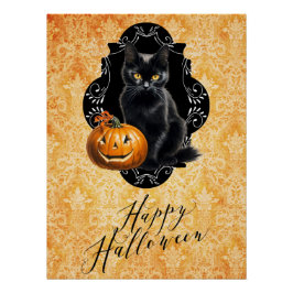Sweet Halloween Black Cat and Pumpkin Perfect Poster