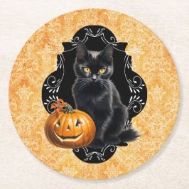 Sweet Halloween Black Cat and Pumpkin Underlägg Papper Rund