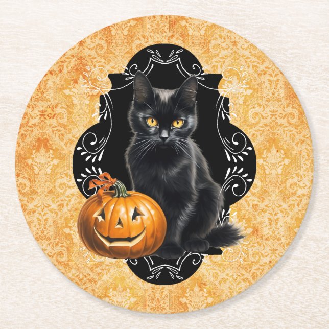 Sweet Halloween Black Cat and Pumpkin Underlägg Papper Rund (Framsidan)