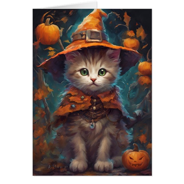 Sweet Halloween Kitten Witch Card Hälsningskort (Framsidan)