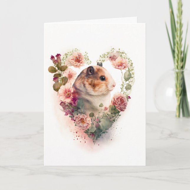 Sweet Hamster med Rosa Flowers Valentindag Helgkort (Framsida)