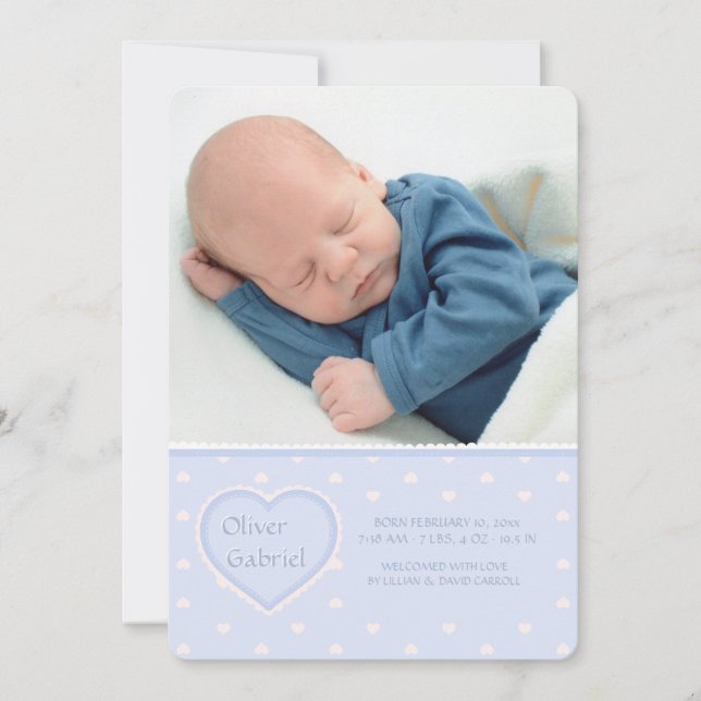 Sweet Heart Blue Photo Birth Announcement Meddelande (Framsida)
