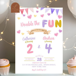 Sweet Heart Dubbla Roligt Girl Joint Birthday Inbjudningar