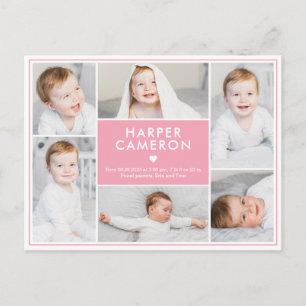 Sweet Heart Editable Färg Birth Notification Post Vykort