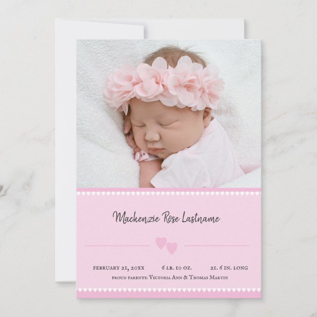 Sweet Heart Flicka Photo Announcement Rosa Meddelande (Framsida)