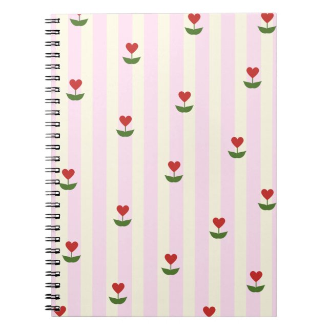 Sweet Heart Flower Pattern – Soft Pink Striped  Anteckningsbok (Framsidan)