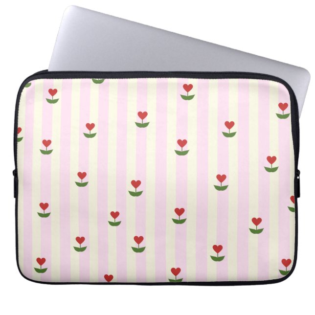 Sweet Heart Flower Pattern – Soft Pink Striped  Laptop Fodral (Framsidan)