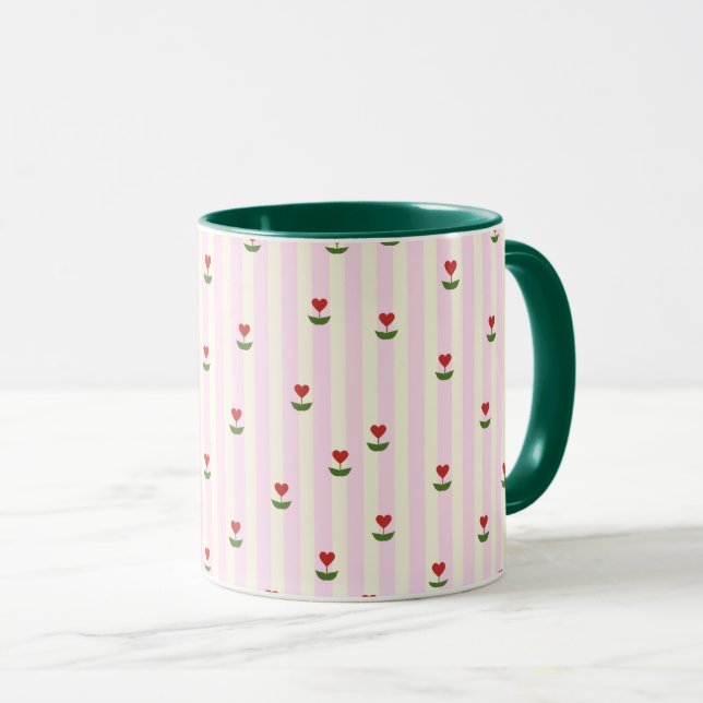 Sweet Heart Flower Pattern – Soft Pink Striped  Mugg (Framsida höger)