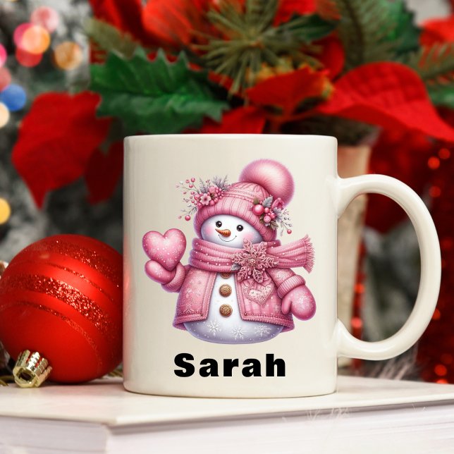 Sweet Heart Holding Rosa Snögubbe jul Kaffemugg (Sweet Heart Holding Pink Snowman Christmas Coffee Mug)