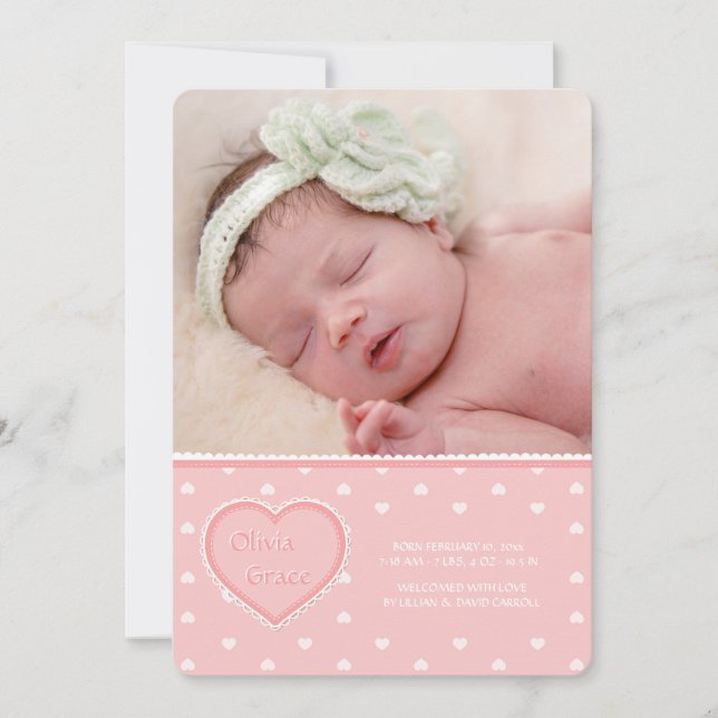 Sweet Heart Rosa Photo Birth Notice Meddelande (Framsida)