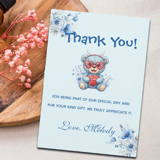 Sweet Heart Teddy Bear Blue Baby Shower Tack Kort