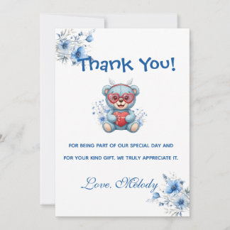Sweet Heart Teddy Bear Blue Baby Shower Tack Kort