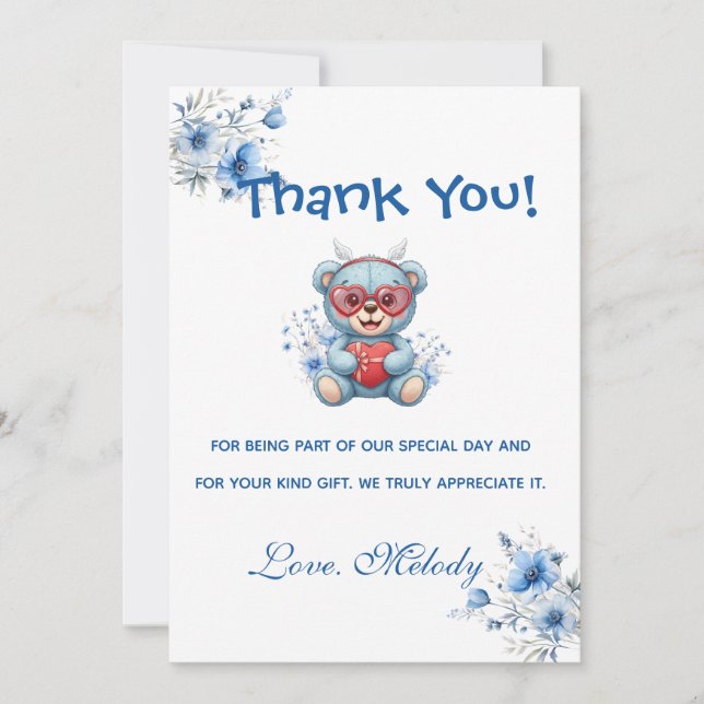 Sweet Heart Teddy Bear Blue Baby Shower  Tack Kort (Framsida)