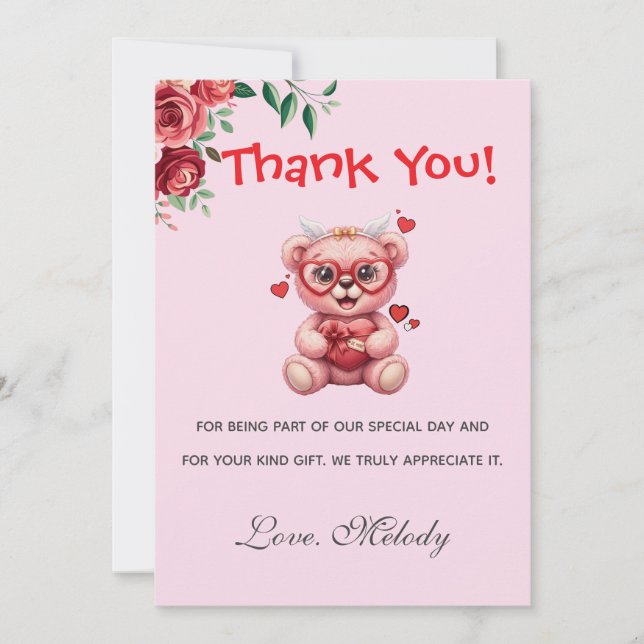 Sweet Heart Teddy Bear Pink Baby Shower  Tack Kort (Framsida)