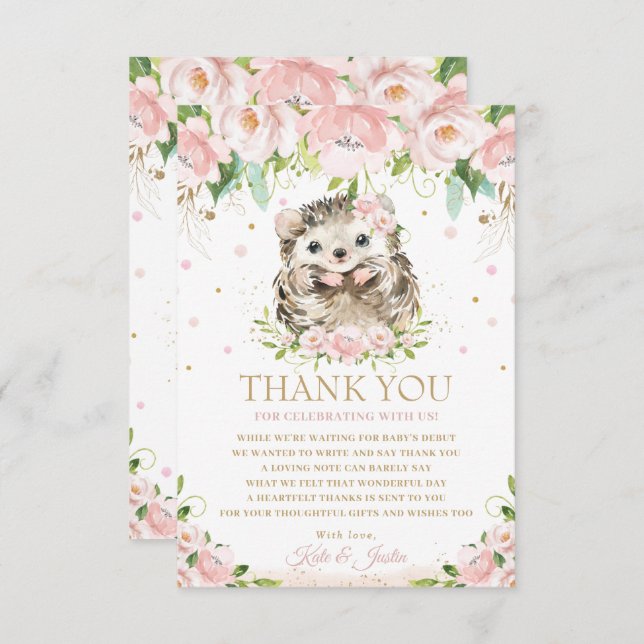 Sweet Hedgehog  Rosa Blommigt Baby Shower  Tack Kort (Fram/baksida)