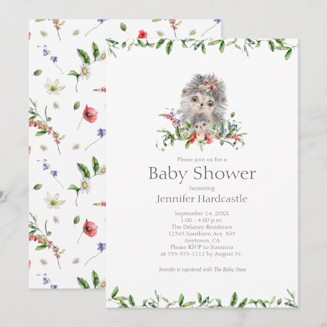 Sweet Hedgehog Watercolor Blommigt Baby Shower Inbjudningar (Fram/baksida)
