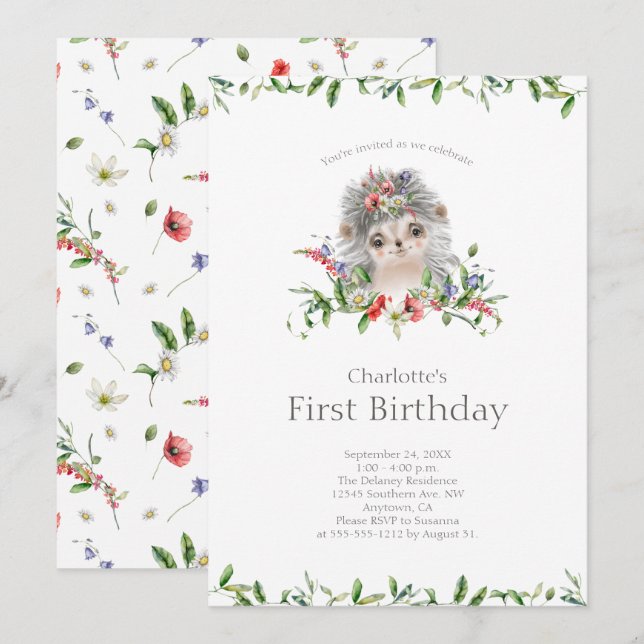 Sweet Hedgehog Watercolor Blommigt First Birthday Inbjudningar (Fram/baksida)