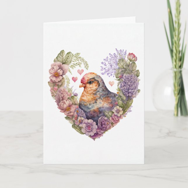 Sweet Hen med Rosa Flowers för Valentindagen Helgkort (Framsida)
