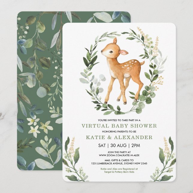 Sweet Hjort Woodland Greenery Virtuell Baby Shower Inbjudningar (Fram/baksida)