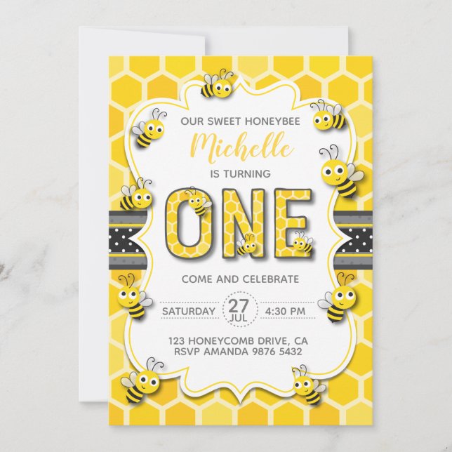 Sweet honey Bee First Birthday Inbjudningar (Framsida)
