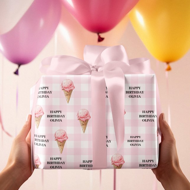 Sweet Ice Cream Birthday Pink Gingham Custom Name Presentpapper (Skapare uppladdad)