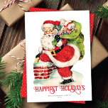Sweet Jolly Santa Vintage non-Photo Helgdag Card<br><div class="desc">Det här ljuva kortet för helgdag utan foto ger en vintage som visar att tomten klättrar upp på en skorsten med en säck fullt av leksak. Hälsning på kortets framsida säger "Happiest Helgdagars" men är redigerbart och kan ändras till vad du vill. Det finns också utrymme för namn och året....</div>