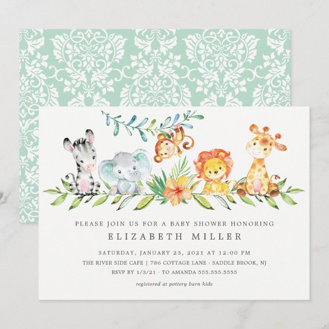Sweet Jungle Animals Neutralt Baby Shower-inbjudan Inbjudningar (Fram/baksida)