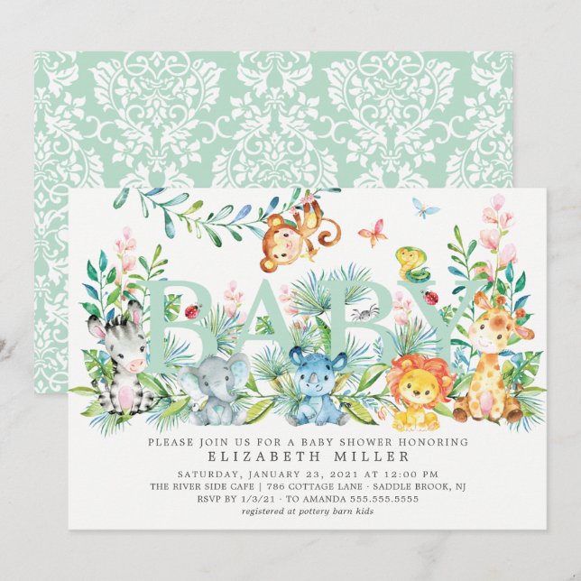 Sweet Jungle Animals Neutralt Baby Shower Inbjudningar (Fram/baksida)