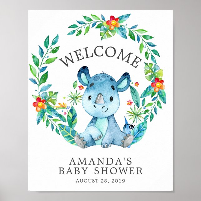 Sweet Jungle Rhino Welcome Baby Shower Poster (Framsidan)