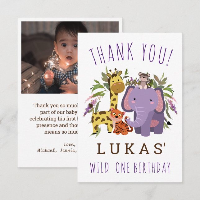 Sweet Jungle Safari Animal 1st Birthday Party Tack Kort (Fram/baksida)