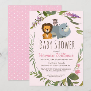 Sweet Jungle Safari Animals Rosa Baby Shower Inbjudningar