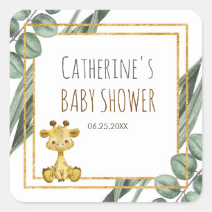 Sweet Jungle Safari Giraffe Botanical Baby Shower Fyrkantigt Klistermärke