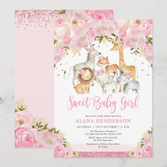 Sweet Jungle Safari Vilda djur Girl Baby Shower Inbjudningar (Fram/baksida)