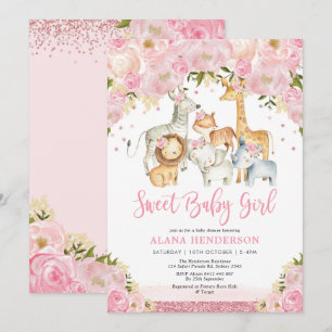 Sweet Jungle Safari Vilda djur Girl Baby Shower Inbjudningar