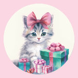Sweet Kattunge Big Rosa Bow Runt Klistermärke<br><div class="desc">Sweet Kattunge Big Rosa Bow Classic Round Sticker</div>