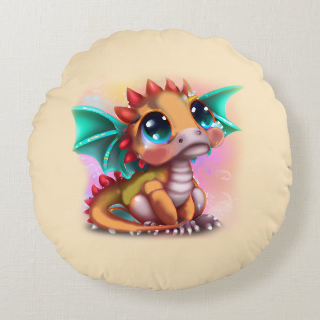Sweet Kawaii Baby Dragon Rund Kudde (Framsidan)
