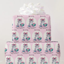 Sweet Kitten Big Rosa Bow Add Birthday Namn Presentpapper