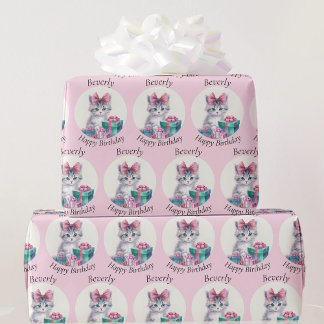 Sweet Kitten Big Rosa Bow Add Birthday Namn Presentpapper