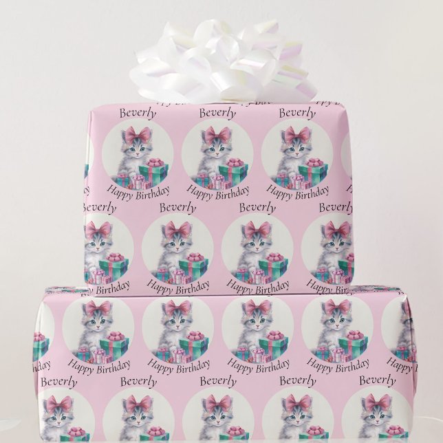 Sweet Kitten Big Rosa Bow Add Birthday Namn Presentpapper (Skapare uppladdad)