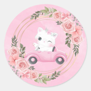 Sweet Kitten Rosa Vintage bil Baby Shower Runt Klistermärke