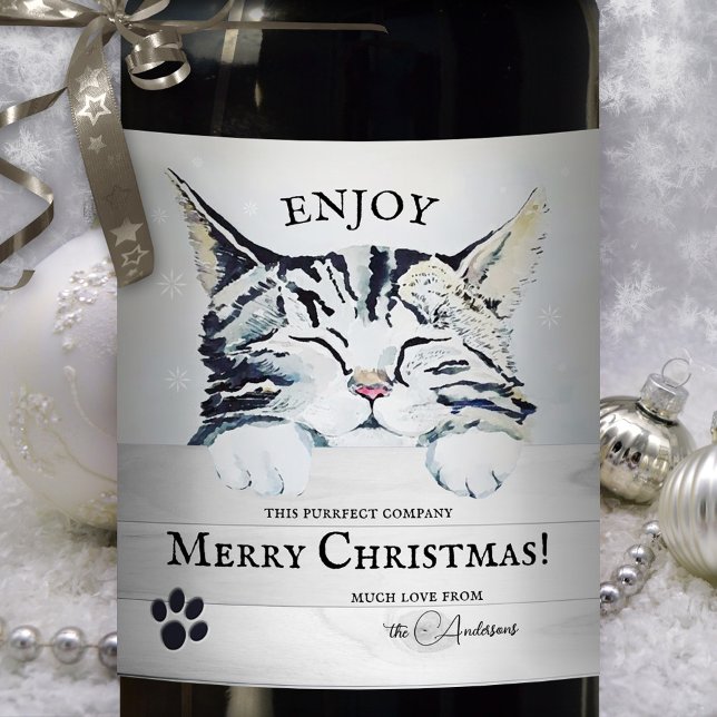 Sweet Kitten Winter jul-etikett Vin Vinflaska Etikett (Christmas wine label featuring a cute kitten in bliss, with tiny snowflakes - for cat lovers)