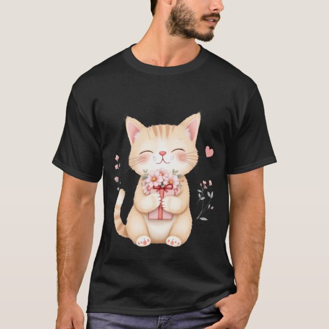 Sweet Kitten with Flowers and Gift Box ✨🐾🌸 T Shirt (Framsida)