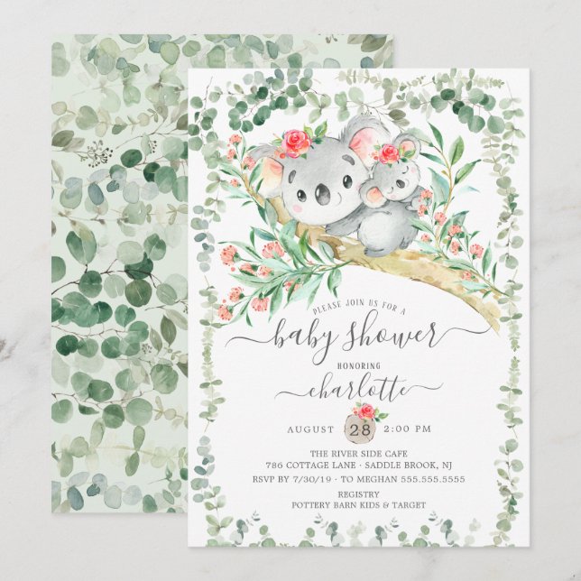 Sweet Koala Bear Girls Baby Shower-inbjudan Inbjudningar (Fram/baksida)