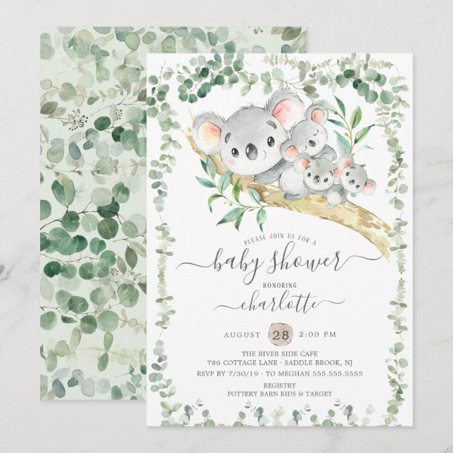 Sweet Koala Bears Triplets Baby Shower-inbjudan Inbjudningar (Fram/baksida)
