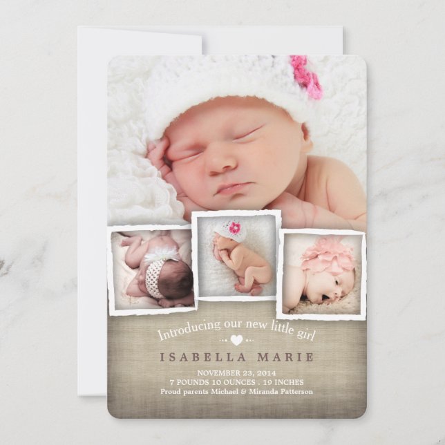 Sweet Land Burlap Flicka Birth Notice Meddelande (Framsida)