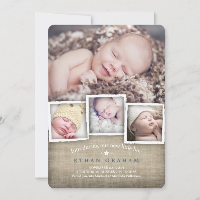 Sweet Land Burlap Pojke Birth Notice Meddelande (Framsida)